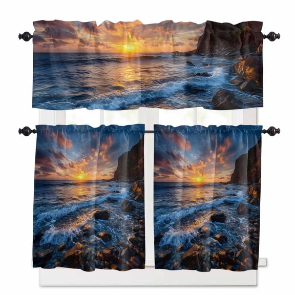 Beach Reef Kitchen Curtains Valance and Tier Set Country Sunset Ocean Waves Reef Beach Rod Pocket Short Curtains for Small Window 3 Pieces Set for Bedroom Bathroom Cafe (54" x 18"+27" x 24")