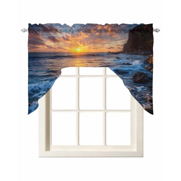 Beach Reef Kitchen Swag Valance for Window, Rod Pocket Short Kitchen Curtains 36 Inch Length, Beach Sunset Ocean Waves Natural Scenery Swag Topper Small Window Treatment for Cafe Bedroom