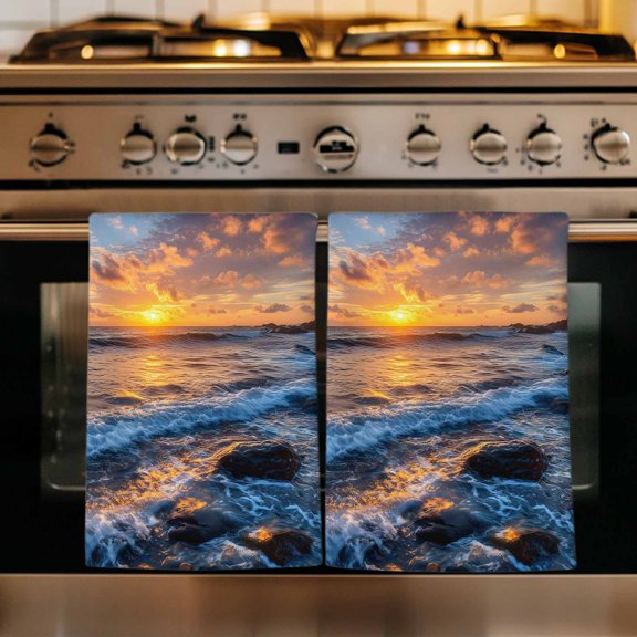 Beach Reef Kitchen Towels Set of 1, Beach Sunset Ocean Waves Natural Scenery Absorbent Dish Towels for Kitchen, Microfiber Hand Towel, Quick Drying Tea Towel for Cleaning Decorative Dishcloths