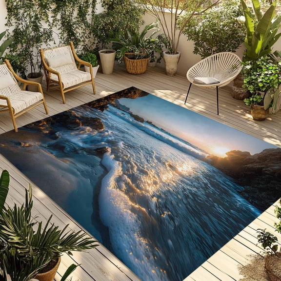 Beach Reef Outdoor Rug 5x7 Ft - Reversible Patio Rug Outdoor Camping Rugs, Shiny Sunset Ocean Waves Natural Seaside Washable Indoor Outdoor Area Rugs, Non-Slip Outdoor Carpet Runner for Deck/Porch
