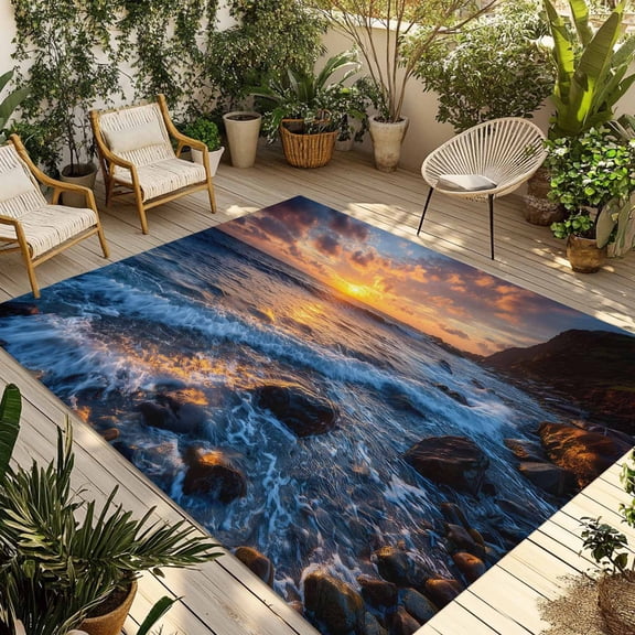 Beach Reef Outdoor Rug 6x9 Ft - Reversible Patio Rug Outdoor Camping Rugs, Beach Sunset Ocean Waves Natural Scenery Washable Indoor Outdoor Area Rugs, Non-Slip Outdoor Carpet Runner for Deck/Porch