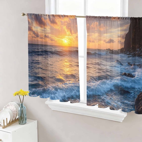 Beach Reef Sheer Curtains 45 Inch Length 2 Panels Set Window Treatments, Beach Sunset Ocean Waves Natural Scenery Rod Pocket Semi Curtains for Living Room/Bedroom/Kitchen Décor, 104"W x 45"L