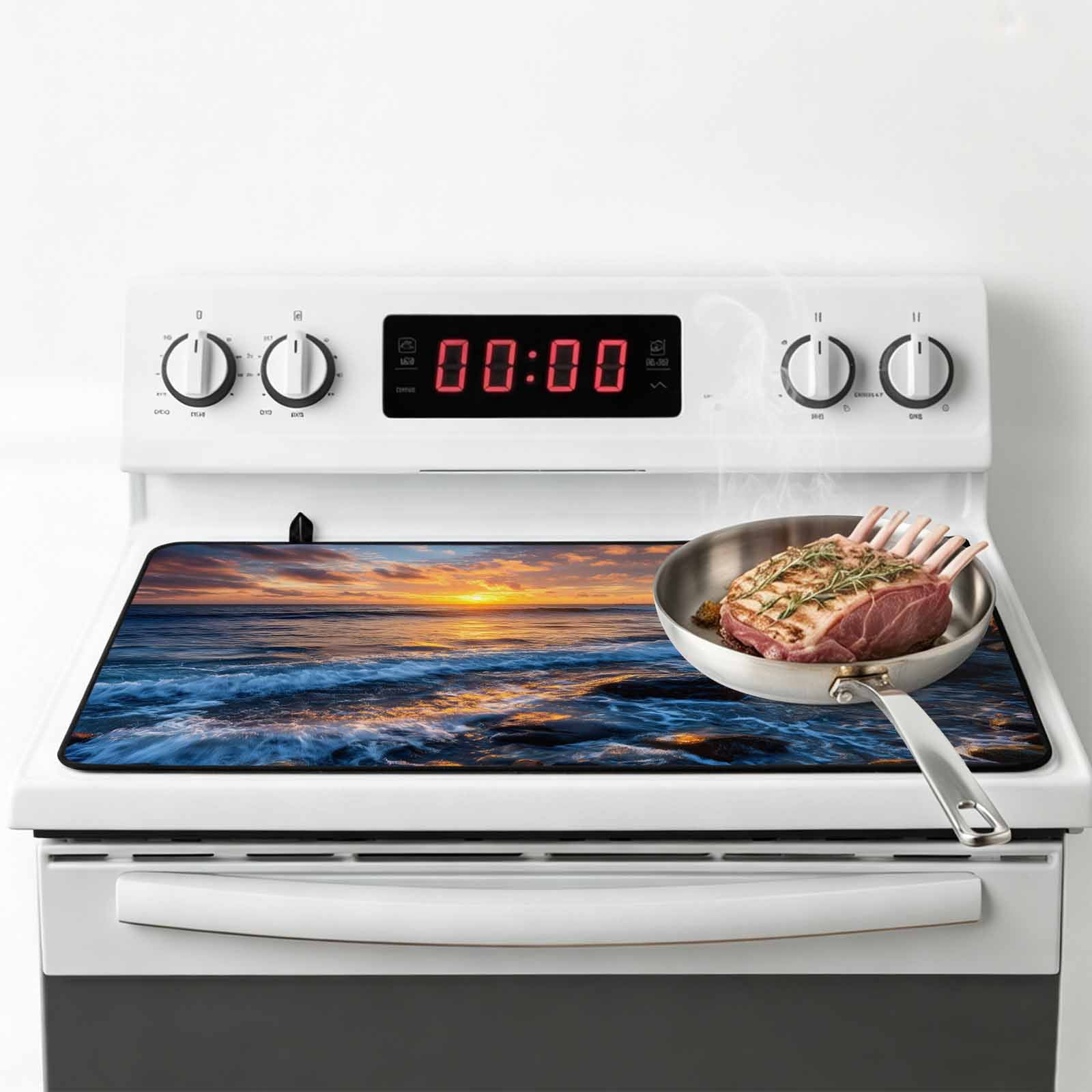 Beach Reef Stove Top Cover for Electric Stove, Heat-proof & Non Slip Glass Top Stove Cover Protector, Beach Sunset Ocean Waves Natural Scenery Kitchen Flat Cooktop Rubber Mat 24x21 Inches