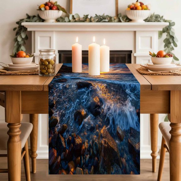 Beach Reef Table Runner, Country Sunset Ocean Waves Reef Beach Cotton Linen Kitchen Table Decoration Washable Dining Tabletop Runners for Home Party Decor 13x36 Inches