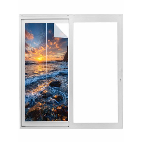 Beach Reef Window Privacy Film, Beach Sunset Ocean Waves Natural Scenery Static Cling UV Sun Blocking Tint Film Heat Control Windows Films for Bedroom Bathroom, Window Stickers 17.7"x39.3"