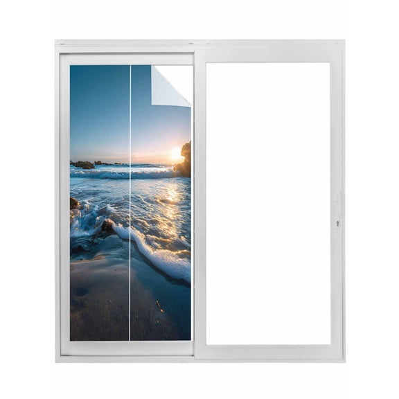 Beach Reef Window Privacy Film, Shiny Sunset Ocean Waves Natural Seaside Static Cling UV Sun Blocking Tint Film Heat Control Windows Films for Bedroom Bathroom, Window Stickers 17.7"x39.3"
