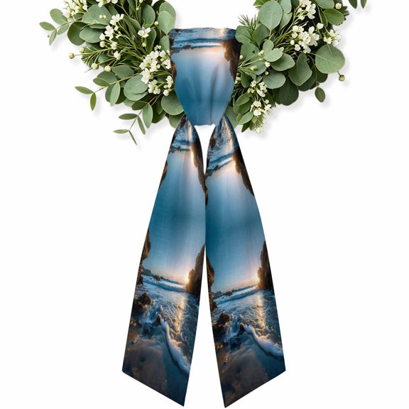 Beach Reef Wreath Sash for Front Door, Shiny Sunset Ocean Waves Natural Seaside Wreath Bow Holiday Garland Ribbon Wreath Accessories for Home Yard Porch Doorway Fall Christmas Decorations Gifts