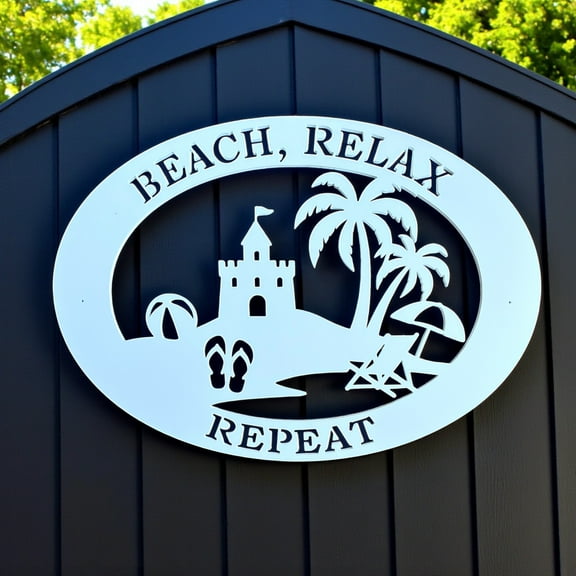 Beach Relax Repeat PVC Wall Art, Coastal Outdoor Decor, Beach House Wall Decor, 36x24 Sandcastle Sign