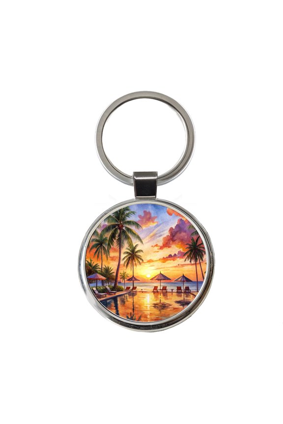 Beach Resort At Sunset Sunrise Tropical Watercolor Metal Round Keychain