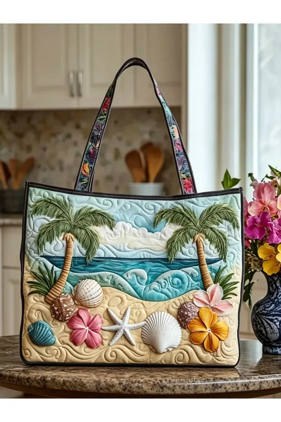 Beach Resort Palm Tree Seashell Pattern Quilted Tote Bag