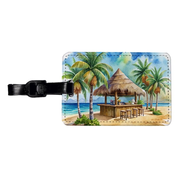 Beach Resort Tropical Scene With Tiki Bar Faux Leather Travel Luggage Tag
