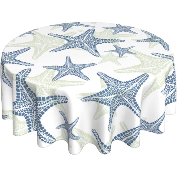 Beach Round Tablecloth 60 Inch Ruitic Navy Blue and Teal Starfish Table Cloth Waterproof Fabric Farmhouse Coastal Tablecloths Decorative for Holiday Home Party Picnic