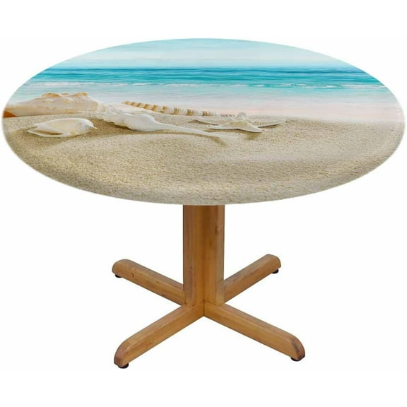 Beach Round Tablecloth Sea Sand Shells Waterproof Oil-Proof Table Cover Table Cloth for Indoor Dining, Outdoor Picnic Parties, Camping,Fits for Table 40-44" Inches