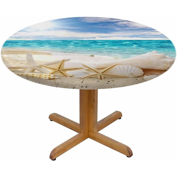 Beach Round Tablecloth Tropical Starfish Sea Shells Sunny Sky Waterproof Oil-Proof Table Cover Table Cloth for Indoor Dining, Outdoor Picnic Parties, Camping,Fits for Table 40-44"