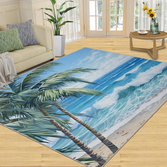 Beach Rugs for Bedroom - Palm Trees Rug, Waves Carpet for Living Room, Beach Area Rugs, Blue Sky Clouds Carpet, Seaside Home Decor & Gifts 2x3ft