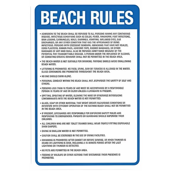 Beach Rules 8"x12" Warning Sign, Pool Security Metal Sign, Home Business Outdoor Indoor Road Yard Garage Street Wall Caution Decor