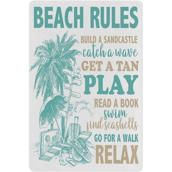 Beach Rules Metal Tin Sign 8x12 Inch Summer Wall Art for Home, Bedroom, Bathroom, Coastal House Decorative Plaque