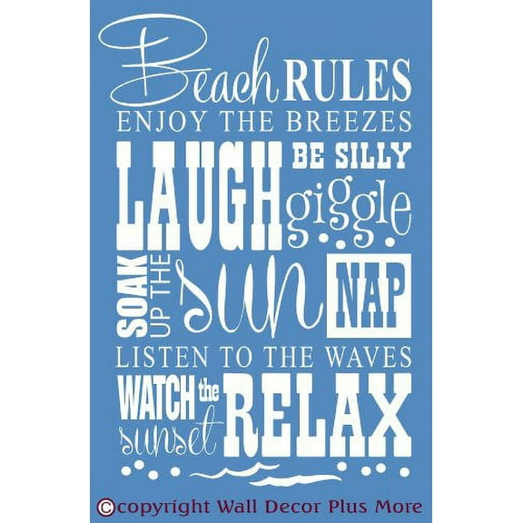 Beach Rules Subway Art Phrases and Quote Wall Vinyl Decals Sticker 23x15 White