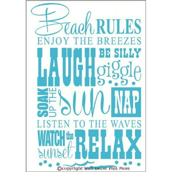 Beach Rules Subway Art Phrases and Quotes Wall Vinyl Decals Sticker 23x15 Geyser Blue