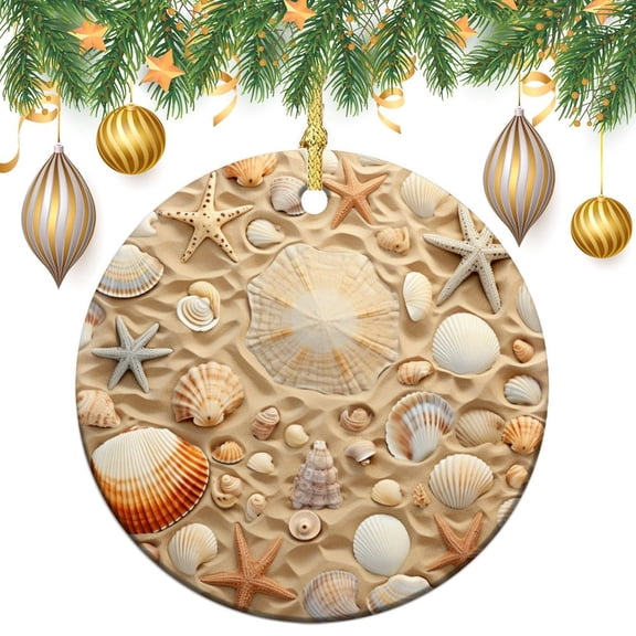 Beach Sand Shell Ceramics Ornaments Ocean Beach Nautical Print Ceramic Double Sided Tree Xmas Ornament Ornament for Christmas Tree for Family Friend