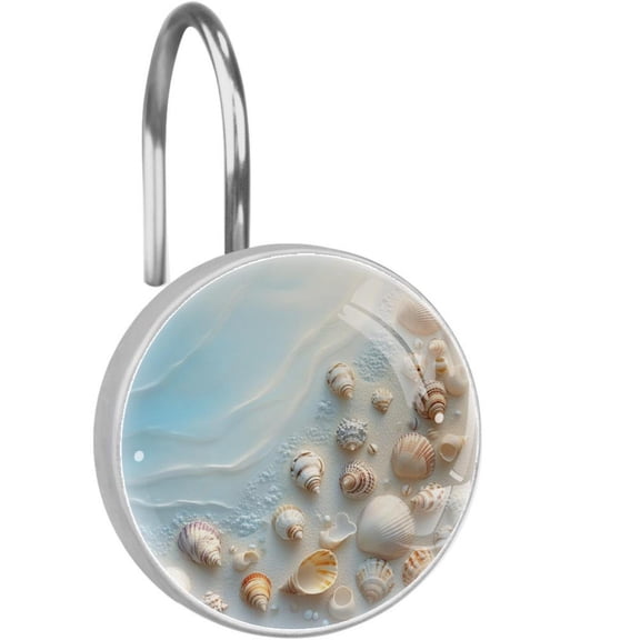 Beach Sand Shells Conch Shower Curtain Hooks Round Crystal Glass, Set of 12 Shower Curtain Rings - Shower Hooks for Curtain Shower Rings