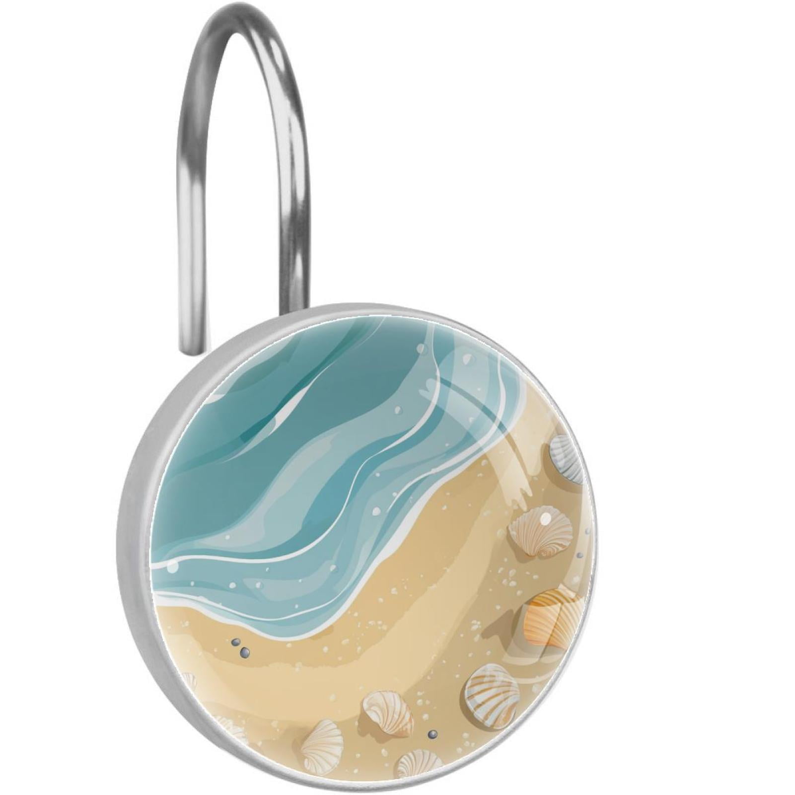 Beach Sand Shells Seawater Shower Curtain Hooks Round Crystal Glass, Set of 12 Shower Curtain Rings - Shower Hooks for Curtain Shower Rings