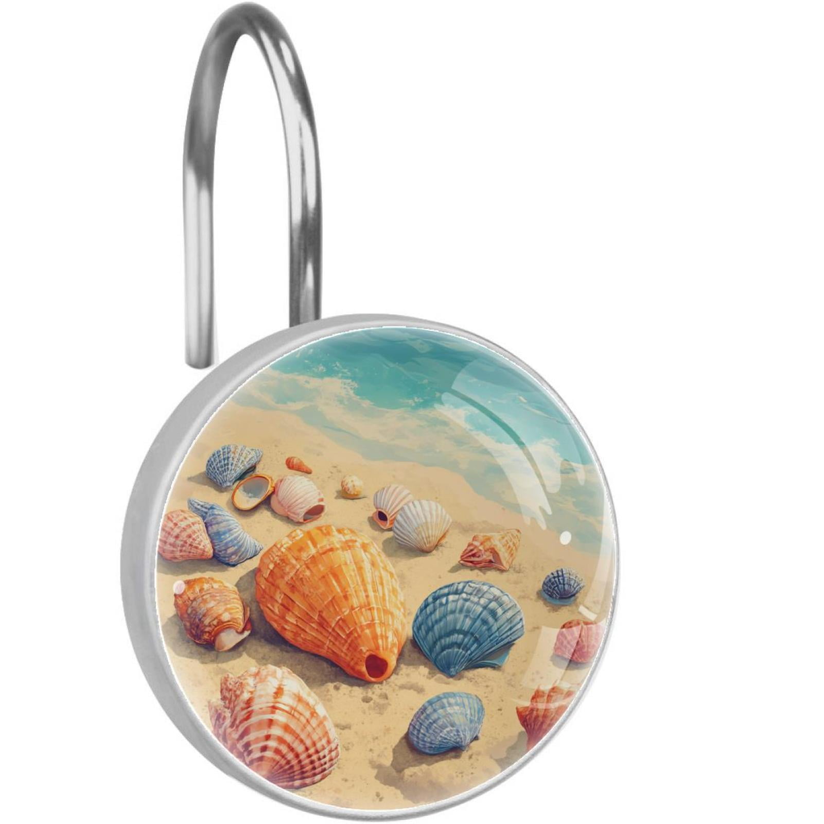 Beach Sand Shells Shower Curtain Hooks Round Crystal Glass, Set of 12 Shower Curtain Rings - Shower Hooks for Curtain Shower Rings