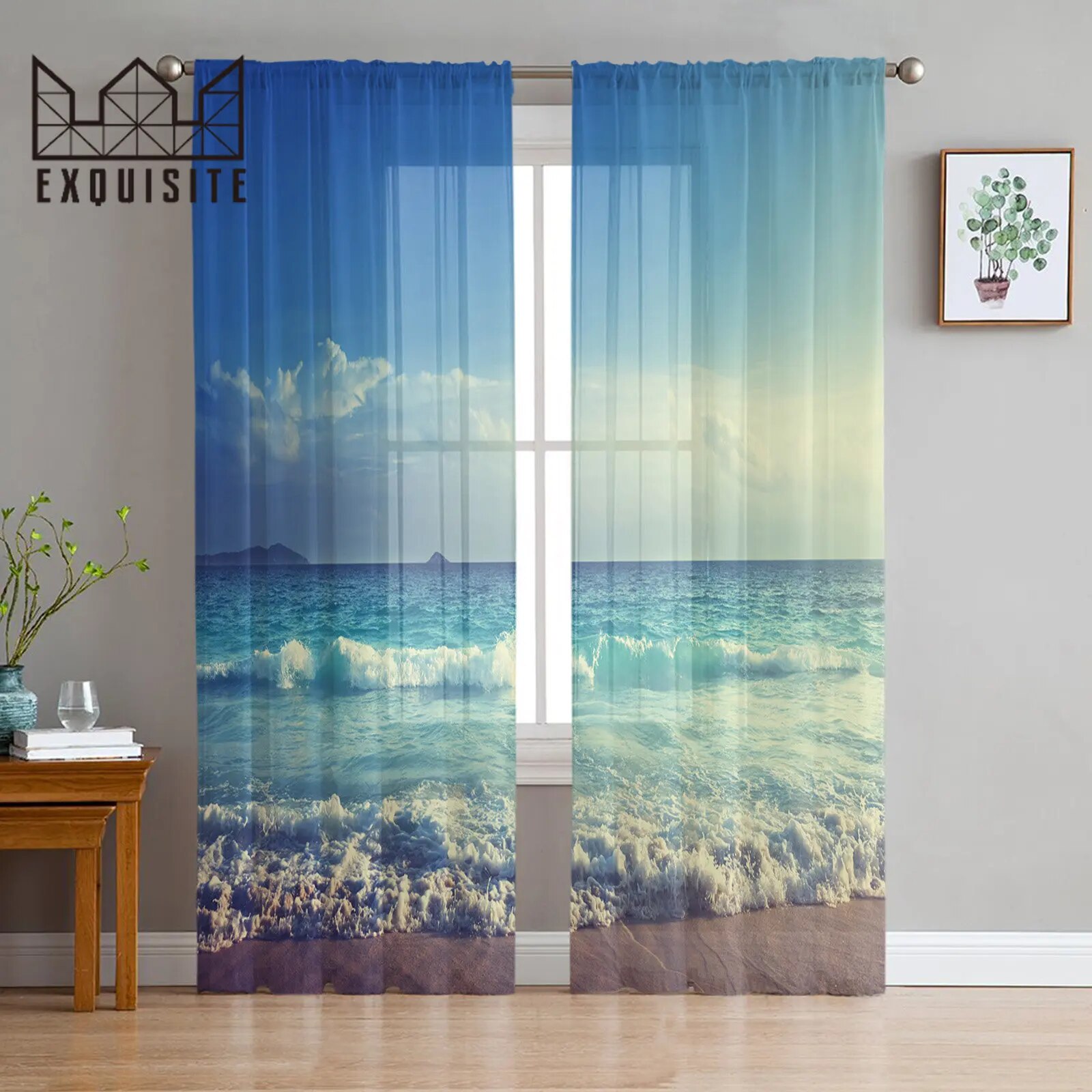 Beach Sand Sky Clouds Waves Modern Printed Tulle Curtains for Bedroom ...