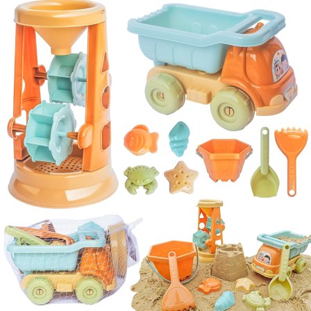 Beach Sand Toys for Kids, 9-Piece Sandbox Toys, Sand Play Kit with Hourglass, Dump Truck, Beach Bucket, Shovel, Rake & Sea Creature Molds, Beach Toys for Toddler Ages 3+