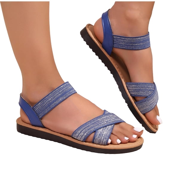 Beach Sandals For Women Glitter Criss-Cross Strap Elastic Ankle Back Open Toe Summer Casual Non-Slip Vacation Shoes (6.5, Navy)
