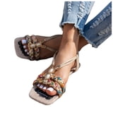 Beach Sandals Women Braided Band Square Open Toe Slingback Flat Shoes ...