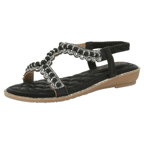 Beach Sandals Women Shoes Thick Sole Wedge Sandals Fashion Pearl Outdoor Beach Bohemian Sandals Black 40