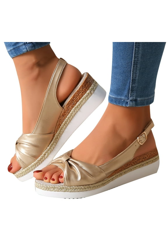 Beach Sandals for Woman, Xunlbb Sandals Large Heel Bow Wedge Heel Casual Fish Mouth Sandals Women's Shoes(Gold,Size:36)