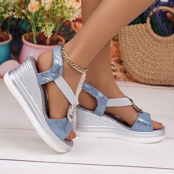 Beach Sandals for Woman, Xunlbb Women's Fashion Casual Solid Color One-Line Spring And Summer New Wedge Sandals(Sky Blue,Size:38)