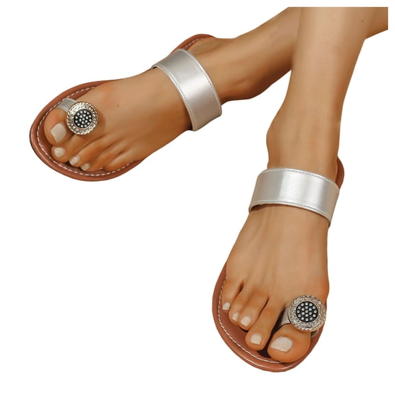 Beach Sandals for Women 2025 Boho Summer Toe Ring Flip Flops Comfortable Leather Flats Slip on Dress Slides