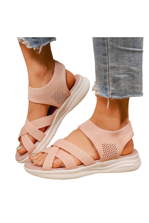 Beach Sandals for Women Breathable Mesh Stretch Strappy Thick Soft Sole Slip on Athletic Walking Shoes Open Toe Lightweight Flat Shoes Pink Size 9