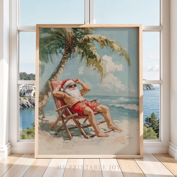 Beach Santa Relaxing Wall Art, Christmas In July Vintage Tropical ...