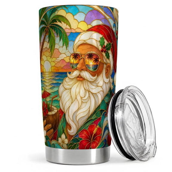 Beach Santa Sunglasses 20oz Tumbler, Santa Cocktail Tumbler, Holiday Drinkware for Travel, Stained Glass Sunset Art, Tropical Palm Hibiscus Decor, Coastal Men Women Summer Lovers