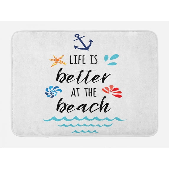 Beach Saying Bath Mat, Inspirational Vacation and Travel Words with Anchor Wave Seashell and Star, Plush Bathroom Decor Mat with Non Slip Backing, 29.5" X 17.5", Multicolor, by Ambesonne