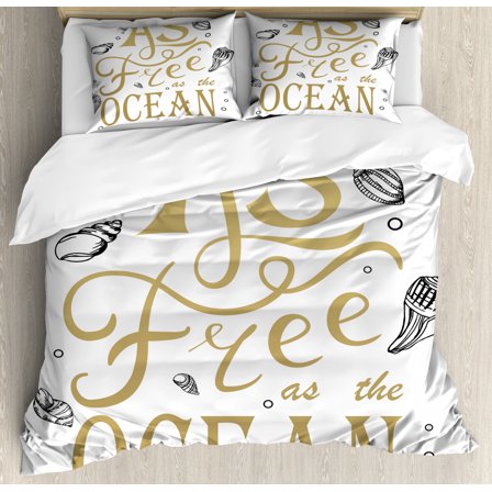 Beach Saying Duvet Cover Set King Size, As Free As The Ocean Creative Slogan with Sketched Seashells, Decorative 3 Piece Bedding Set with 2 Pillow Shams, Brown Black and White, by Ambesonne