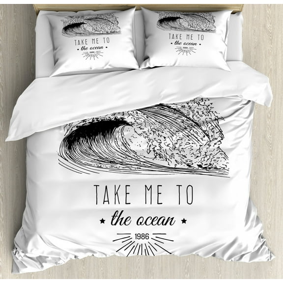 Beach Saying Duvet Cover Set King Size, Take Me To the Ocean 1986 Lettering Minimalist Illustration of Surf Waves, Decorative 3 Piece Bedding Set with 2 Pillow Shams, Black and White, by Ambesonne