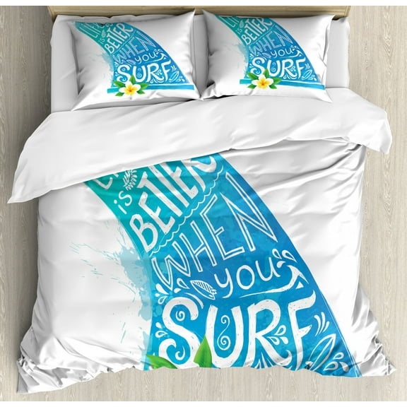 Beach Saying Duvet Cover Set Queen Size, Life is Better When You Surf Text and Watercolor Ocean Wave with Bali Flower, Decorative 3 Piece Bedding Set with 2 Pillow Shams, Multicolor, by Ambesonne