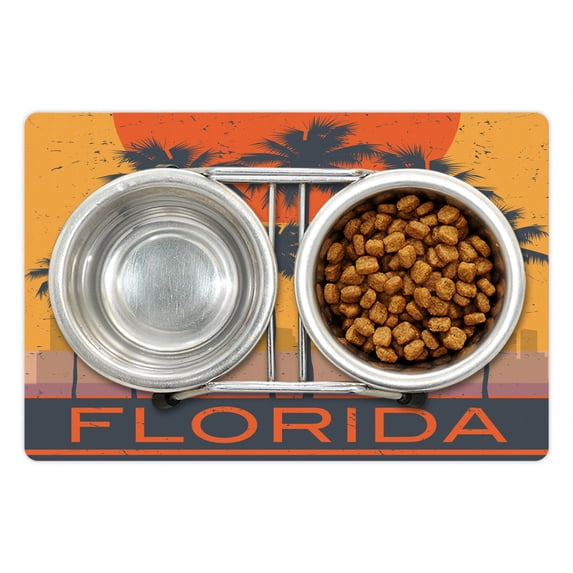 Beach Saying Pet Mat for Food and Water, Florida Coast with Grunge Effect Setting Sun Palm Trees, Non-Slip Rubber Mat for Dogs and Cats, 18" X 12", by Ambesonne