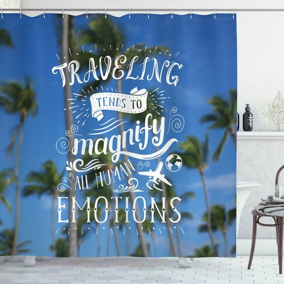 Beach Saying Shower Curtain, Hand Lettering Travel Words with Airplane on Blurry Palm Background, Fabric Bathroom Set with Hooks, 69W X 84L Inches Extra Long, Blue Green and White, by Ambesonne
