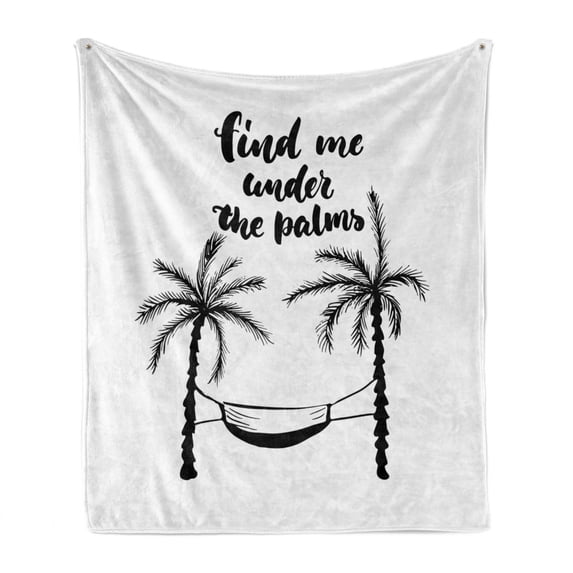 Beach Saying Soft Flannel Fleece Blanket, Find Me Under the Palms in Hand-written Style Hammock Between Palm Trees, Cozy Plush for Indoor and Outdoor Use, 50" x 60", Black and White, by Ambesonne