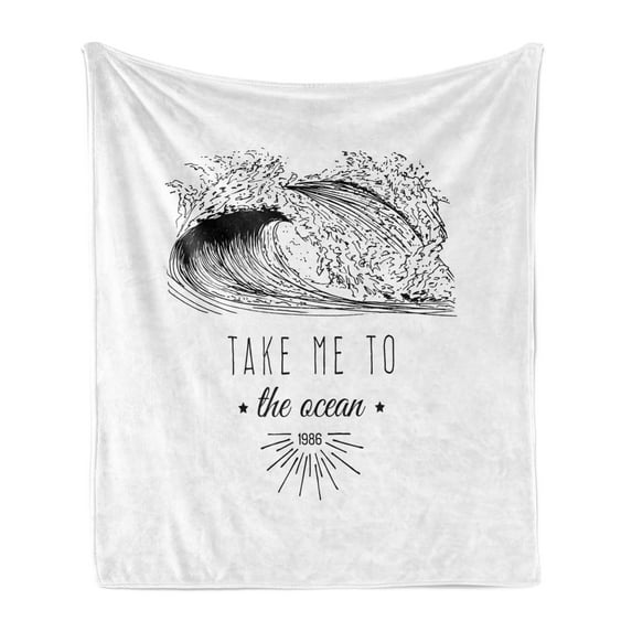 Beach Saying Soft Flannel Fleece Blanket, Take Me to the Ocean 1986 Lettering Minimalist Illustration of Surf Waves, Cozy Plush for Indoor and Outdoor Use, 70" x 90", Black and White, by Ambesonne