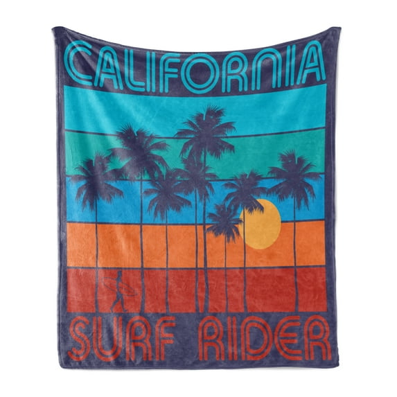 Beach Saying Soft Flannel Fleece Blanket, Theme of Surfing with Text California Surf Rider Vintage Design Sunset Trees, Cozy Plush for Indoor and Outdoor Use, 60" x 80", Multicolor, by Ambesonne