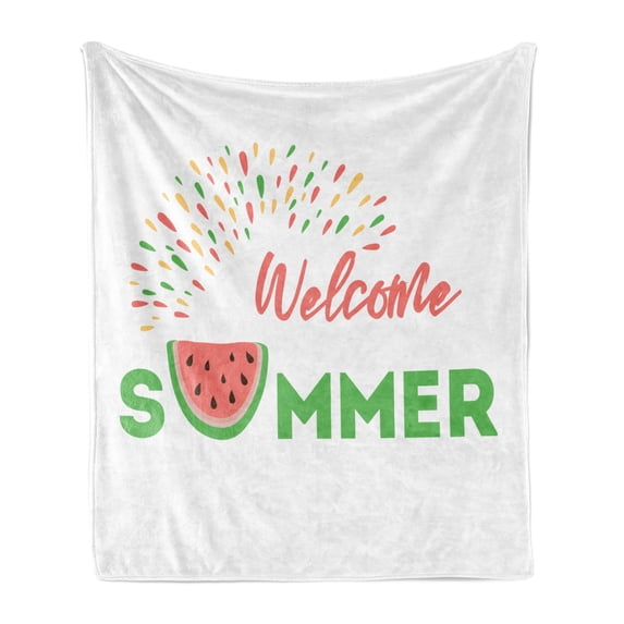 Beach Saying Soft Flannel Fleece Blanket, Welcome Summer Inscription with a Tropical Watermelon Slice and Colorful Spots, Cozy Plush for Indoor and Outdoor Use, 50" x 70", Multicolor, by Ambesonne