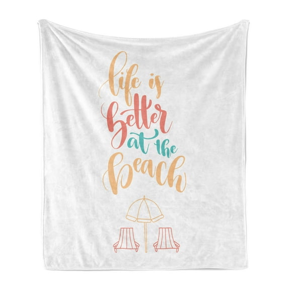 Beach Saying Soft Flannel Fleece Throw Blanket, Brush Lettering Composition with 2 Sunbeds and an Umbrella, Cozy Plush for Indoor and Outdoor Use, 60" x 80", Pale Orange Coral, by Ambesonne