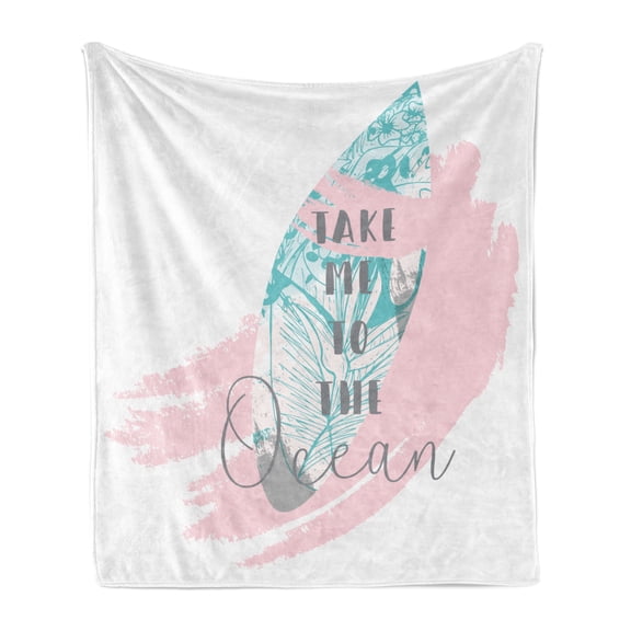Beach Saying Soft Flannel Fleece Throw Blanket, Cool Breeze Take Me to the Ocean on Text Surf Board, Cozy Plush for Indoor and Outdoor Use, 50" x 70", Charcoal Grey Cadet Blue, by Ambesonne